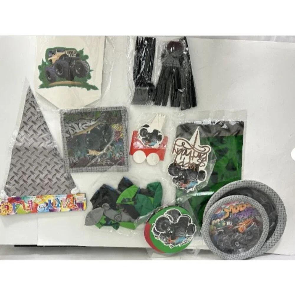 Monster Truck Birthday Party Supplies Lot Plates Napkins Banner Straws Decor